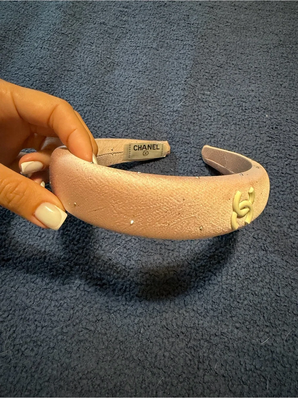 CHANEL Blush Pink Padded Headband with Gold CC Emblem